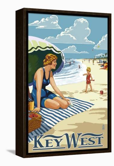 Key West, Florida - Beach Scene-Lantern Press-Framed Stretched Canvas