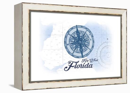 Key West, Florida - Compass - Blue - Coastal Icon-Lantern Press-Framed Stretched Canvas