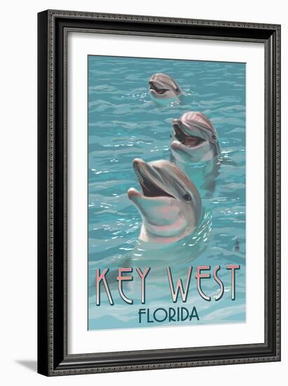 Key West, Florida - Dolphin Trio-Lantern Press-Framed Premium Giclee Print