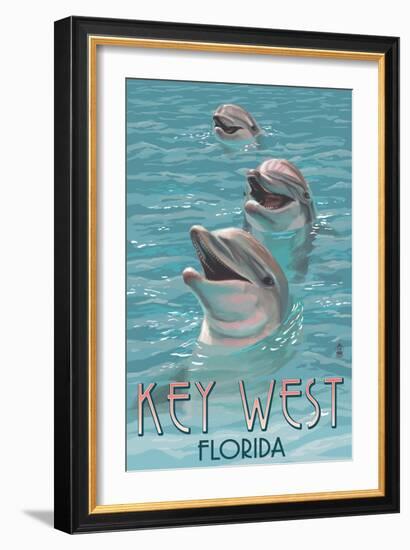 Key West, Florida - Dolphin Trio-Lantern Press-Framed Premium Giclee Print