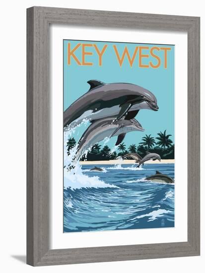 Key West, Florida - Dolphins Swimming-Lantern Press-Framed Art Print