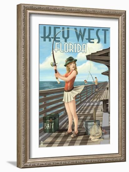 Key West, Florida - Fishing Pinup Girl-Lantern Press-Framed Art Print