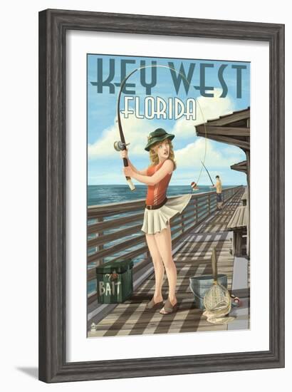 Key West, Florida - Fishing Pinup Girl-Lantern Press-Framed Art Print