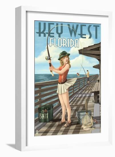 Key West, Florida - Fishing Pinup Girl-Lantern Press-Framed Art Print