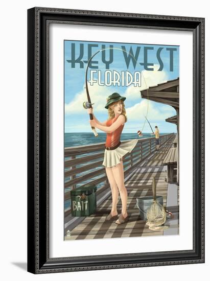 Key West, Florida - Fishing Pinup Girl-Lantern Press-Framed Art Print