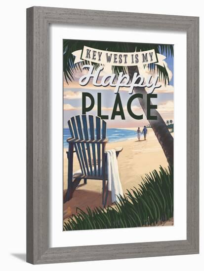 Key West, Florida is My Happy Place - Adirondack Chairs and Sunset - Florida-Lantern Press-Framed Premium Giclee Print