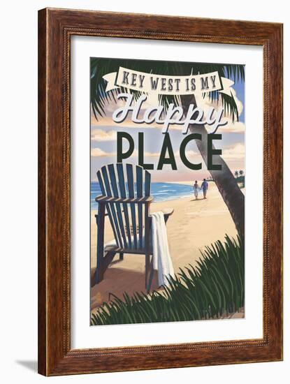 Key West, Florida is My Happy Place - Adirondack Chairs and Sunset - Florida-Lantern Press-Framed Premium Giclee Print