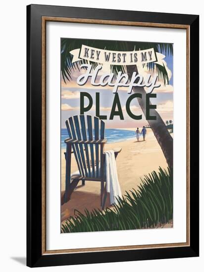 Key West, Florida is My Happy Place - Adirondack Chairs and Sunset - Florida-Lantern Press-Framed Premium Giclee Print