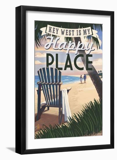 Key West, Florida is My Happy Place - Adirondack Chairs and Sunset - Florida-Lantern Press-Framed Premium Giclee Print