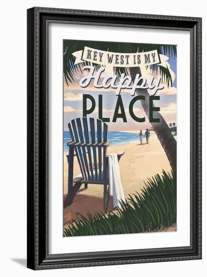 Key West, Florida is My Happy Place - Adirondack Chairs and Sunset - Florida-Lantern Press-Framed Premium Giclee Print