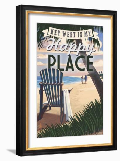 Key West, Florida is My Happy Place - Adirondack Chairs and Sunset - Florida-Lantern Press-Framed Premium Giclee Print