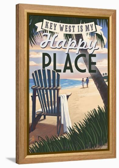 Key West, Florida is My Happy Place - Adirondack Chairs and Sunset - Florida-Lantern Press-Framed Stretched Canvas