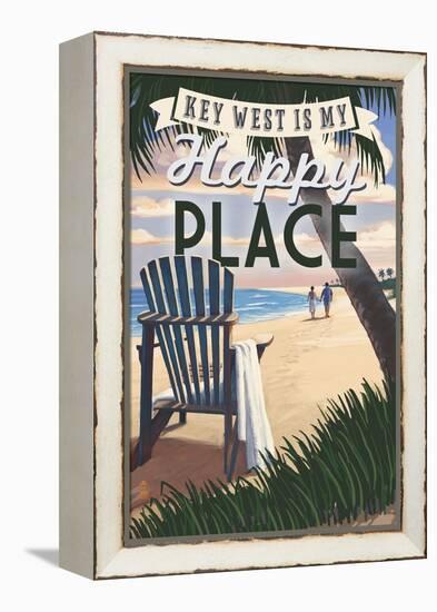 Key West, Florida is My Happy Place - Adirondack Chairs and Sunset - Florida-Lantern Press-Framed Stretched Canvas