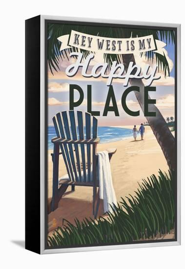 Key West, Florida is My Happy Place - Adirondack Chairs and Sunset - Florida-Lantern Press-Framed Stretched Canvas