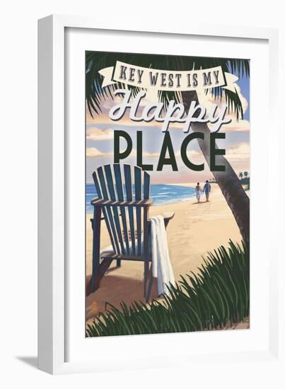 Key West, Florida is My Happy Place - Adirondack Chairs and Sunset - Florida-Lantern Press-Framed Art Print