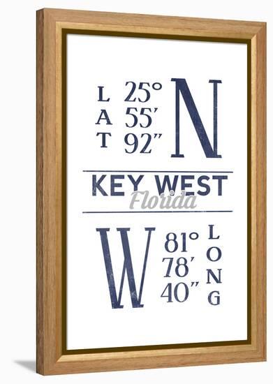 Key West, Florida - Latitude and Longitude (Blue)-Lantern Press-Framed Stretched Canvas