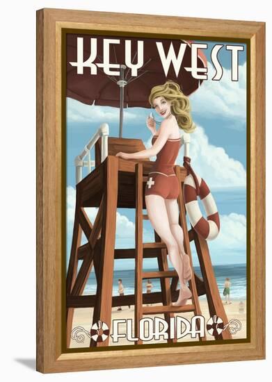 Key West, Florida - Lifeguard Pinup Girl-Lantern Press-Framed Stretched Canvas