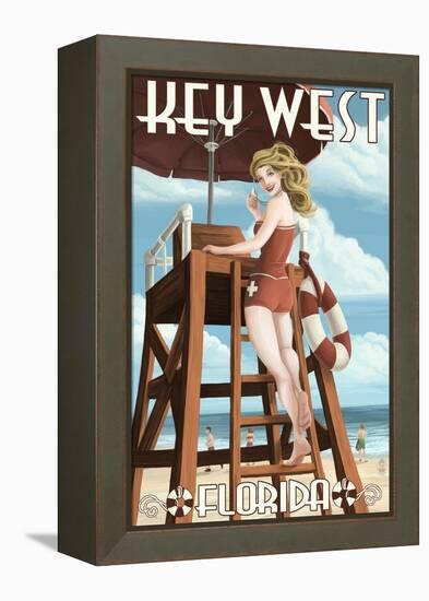 Key West, Florida - Lifeguard Pinup Girl-Lantern Press-Framed Stretched Canvas