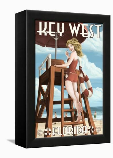 Key West, Florida - Lifeguard Pinup Girl-Lantern Press-Framed Stretched Canvas