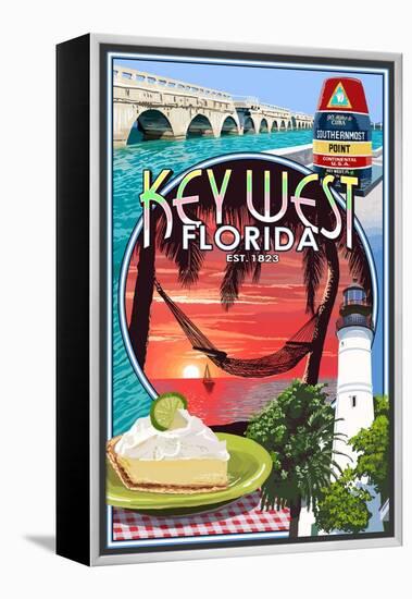 Key West, Florida - Montage-Lantern Press-Framed Stretched Canvas