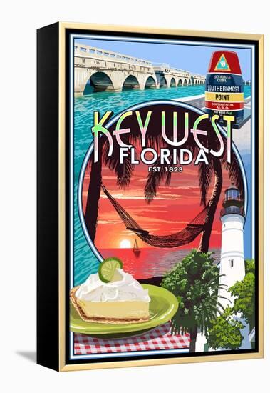 Key West, Florida - Montage-Lantern Press-Framed Stretched Canvas