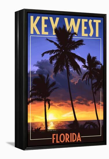 Key West, Florida - Palms and Sunset-Lantern Press-Framed Stretched Canvas