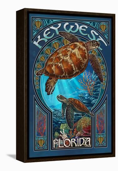 Key West, Florida - Sea Turtle Art Nouveau-Lantern Press-Framed Stretched Canvas