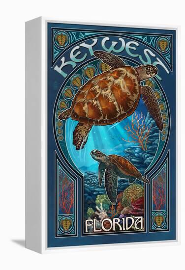 Key West, Florida - Sea Turtle Art Nouveau-Lantern Press-Framed Stretched Canvas