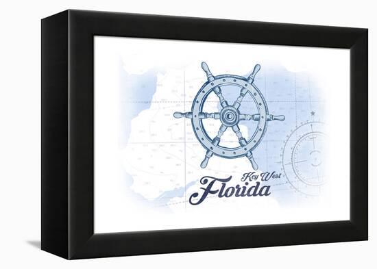 Key West, Florida - Ship Wheel - Blue - Coastal Icon-Lantern Press-Framed Stretched Canvas