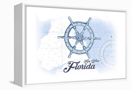 Key West, Florida - Ship Wheel - Blue - Coastal Icon-Lantern Press-Framed Stretched Canvas