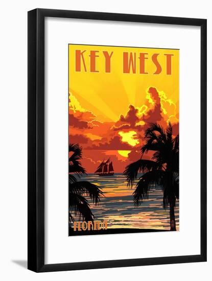 Key West, Florida - Sunset and Ship-Lantern Press-Framed Art Print