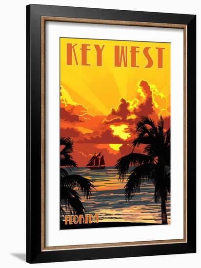 Key West, Florida - Sunset and Ship-Lantern Press-Framed Art Print