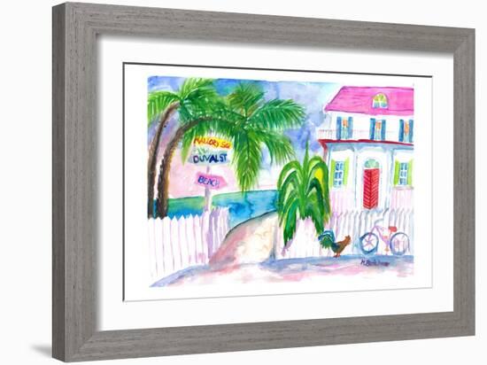 Key West Pink House and Signpost with Bike-M. Bleichner-Framed Art Print