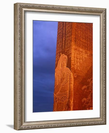 Khentii Province, Sunrise on a Carved Obelisk Dedicated to Genghis Khan, Mongolia-Paul Harris-Framed Photographic Print