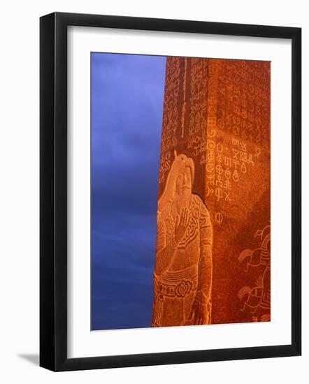 Khentii Province, Sunrise on a Carved Obelisk Dedicated to Genghis Khan, Mongolia-Paul Harris-Framed Photographic Print