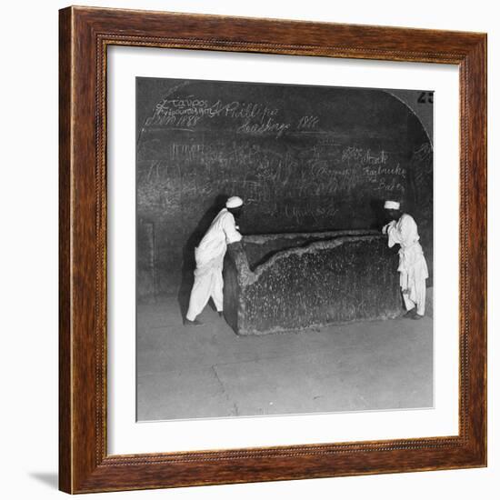 Khufu's Sarcophagus, Broken by Robbers, in the Great Pyramid, Egypt, 1905-Underwood & Underwood-Framed Photographic Print