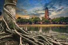 Big Root of Banyan Tree Land Scape of Ancient and Old Pagoda in History Temple of Ayuthaya World He-khunaspix-Framed Photographic Print