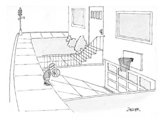 Kid Attempting To Throw Basketball At Hoop Above Sloped Driveway Cartoon Premium Giclee Print Jack Ziegler Art Com