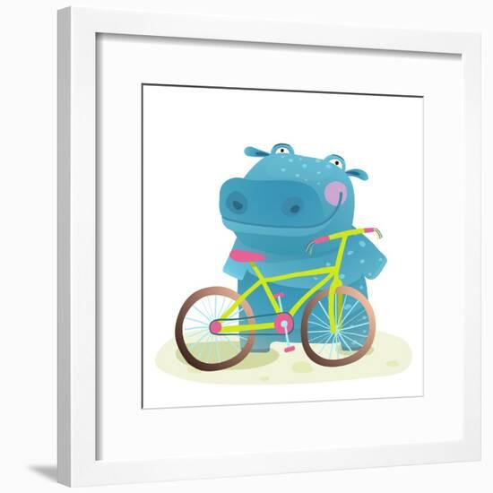 Kid Cute Hippo with Bicycle Childish Cartoon. Happy Fun Wild Animal Doing Sport for Children Illust-Popmarleo-Framed Premium Giclee Print