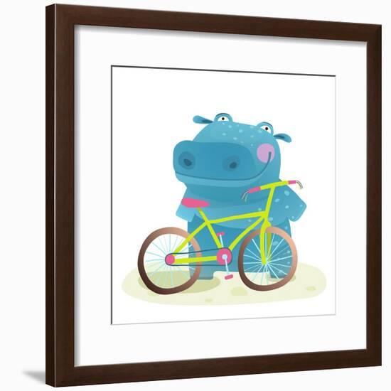 Kid Cute Hippo with Bicycle Childish Cartoon. Happy Fun Wild Animal Doing Sport for Children Illust-Popmarleo-Framed Premium Giclee Print