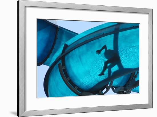 Kid Sliding a Blue Waterslide-DWaschnig-Framed Photographic Print