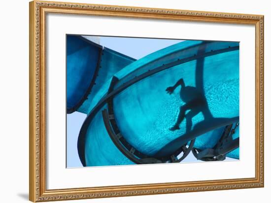 Kid Sliding a Blue Waterslide-DWaschnig-Framed Photographic Print