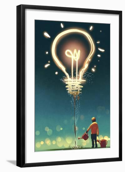 Kid Watering a Big Light Bulb on Dark Background ,Concept for Creative,Illustration Painting-Tithi Luadthong-Framed Art Print