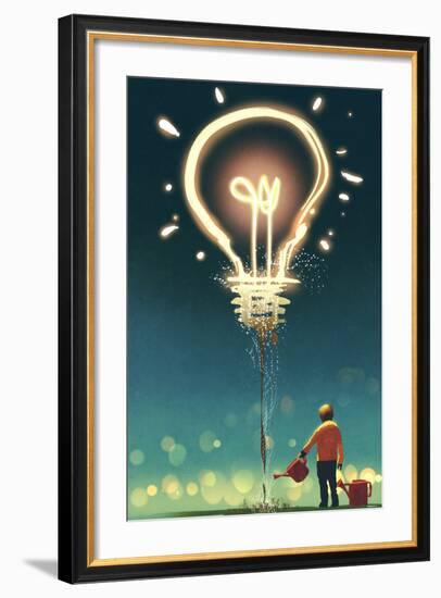 Kid Watering a Big Light Bulb on Dark Background ,Concept for Creative,Illustration Painting-Tithi Luadthong-Framed Art Print