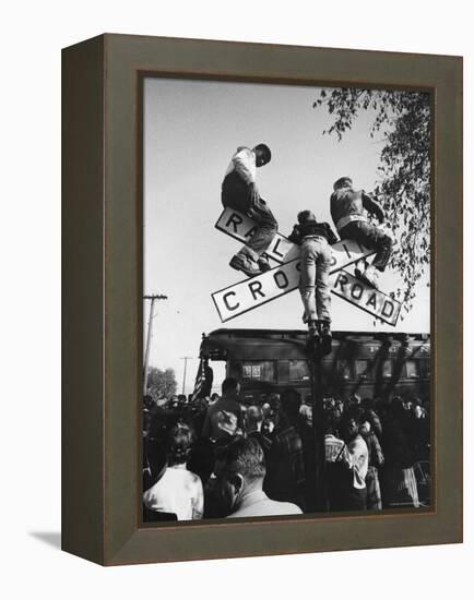 Kids Hanging on Crossbars of Railroad Crossing Signal to See and Hear Richard M. Nixon Speak-Carl Mydans-Framed Premier Image Canvas