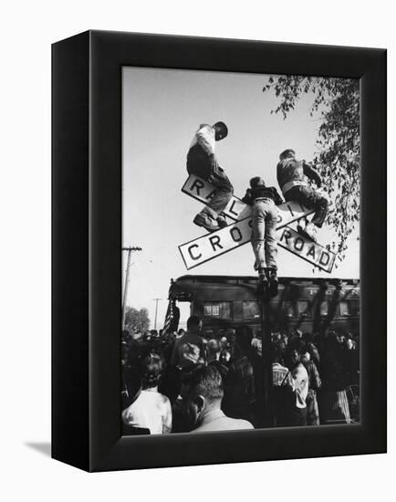 Kids Hanging on Crossbars of Railroad Crossing Signal to See and Hear Richard M. Nixon Speak-Carl Mydans-Framed Premier Image Canvas