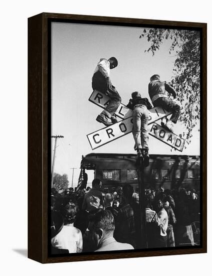 Kids Hanging on Crossbars of Railroad Crossing Signal to See and Hear Richard M. Nixon Speak-Carl Mydans-Framed Premier Image Canvas