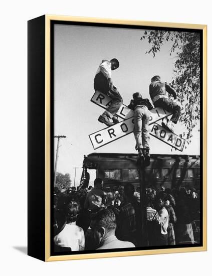 Kids Hanging on Crossbars of Railroad Crossing Signal to See and Hear Richard M. Nixon Speak-Carl Mydans-Framed Premier Image Canvas
