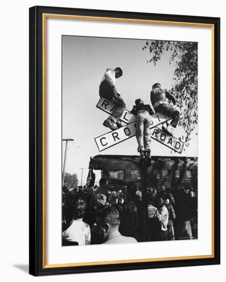 Kids Hanging on Crossbars of Railroad Crossing Signal to See and Hear Richard M. Nixon Speak-Carl Mydans-Framed Premium Photographic Print