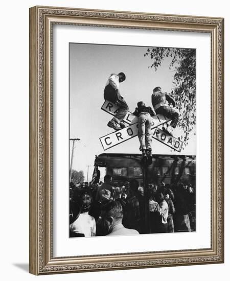 Kids Hanging on Crossbars of Railroad Crossing Signal to See and Hear Richard M. Nixon Speak-Carl Mydans-Framed Photographic Print